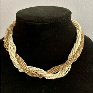 Vintage Cream & Tan Seed Pearl Twisted Necklace 16” Classic Elegant Jewelry